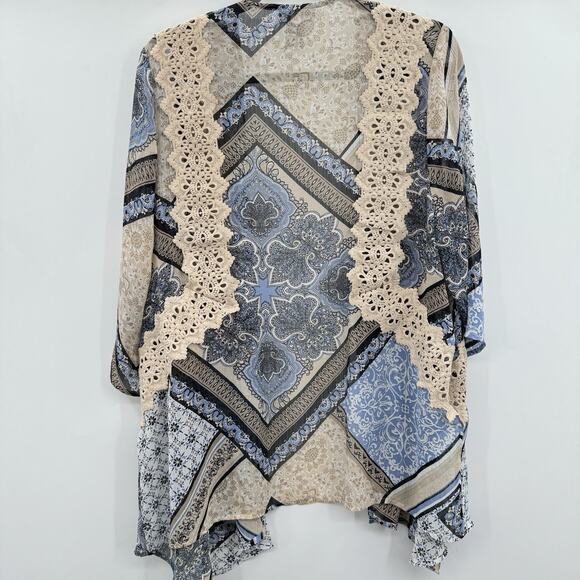 Catherines Patchwork Floral Crochet Sheer Kimono Topper 14/16W Blue Beige Boho - Picture 2 of 8